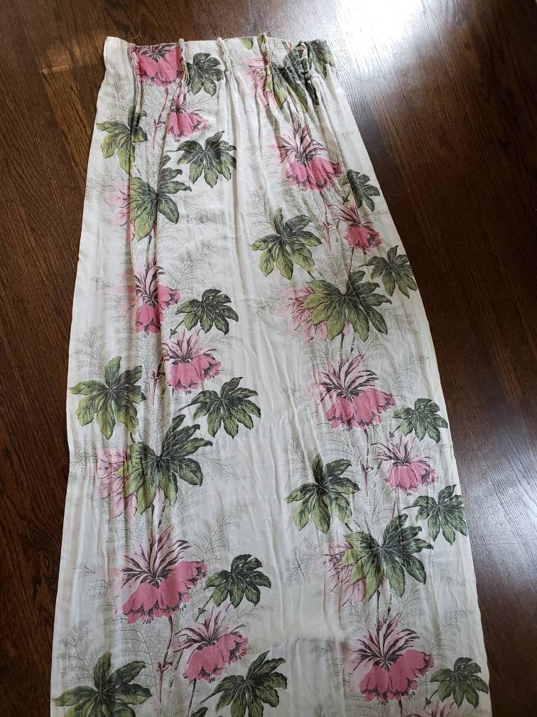 1940s Single Curtain Panel Floral Print Rayon / Vintage Drapery Pink Green Hawaiian Print Tiki Decor /  Kelani
