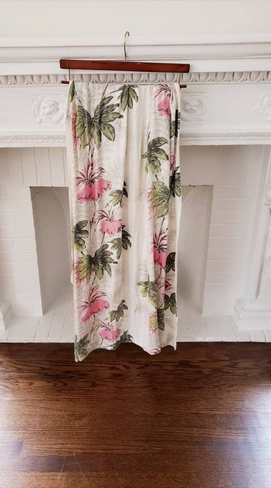 1940s Single Curtain Panel Floral Print Rayon / Vintage Drapery Pink Green Hawaiian Print Tiki Decor /  Kelani