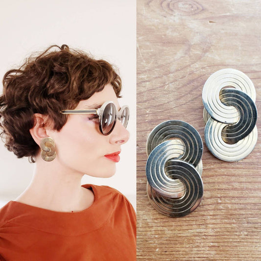 1980s Gold Clip Earrings Interwoven Discs / 80s Chunky Maximalist Clip-Ons Geometric Concentric Circles / Yolanthe