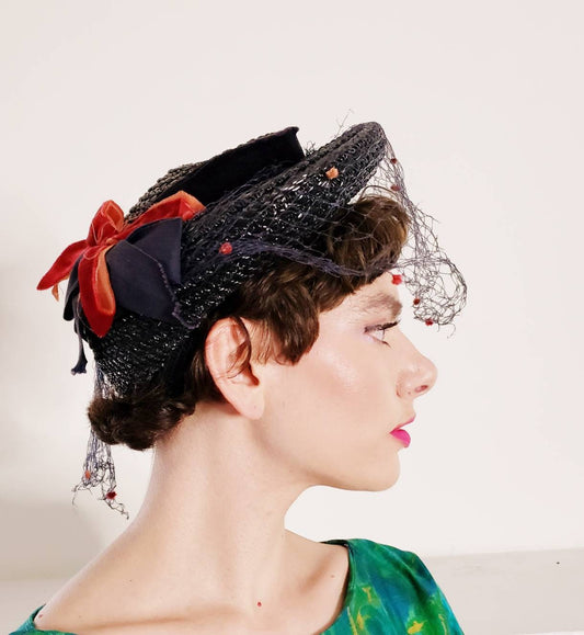 1940s Black Straw Hat Velvet Red Navy Blue Ribbon & Veil / 40s Summer Spring Cocktail Hat with Bows Netting /Marceline