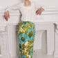 1970s 1960s Maxi Skirt Blue Gold Floral Print Pom Poms / 70s 60s Hippie Boho Skirt Bold Loud Print Ball Fringe / M / Selene