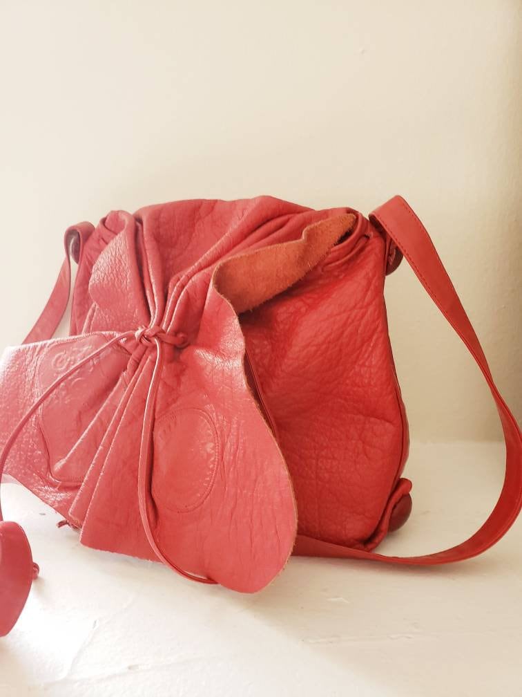 Vintage Carlos Falchi Red Leather Shoulder Bag Crossbody Purse Embossed