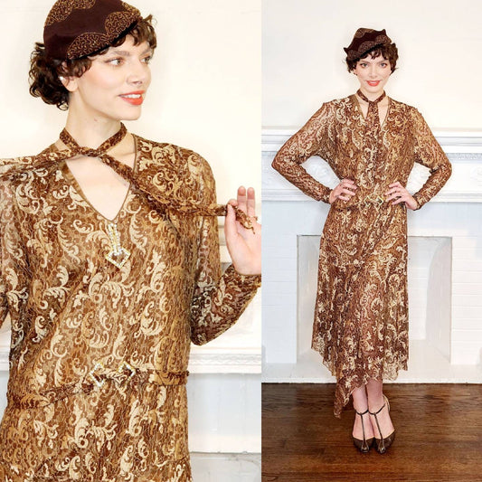 1920s Brown Lace Dress Long Sleeves / 20s Brown Beige Drop Waist Dress Gold Rhinestone Buckle Belt / Med / Rosamund / AS IS