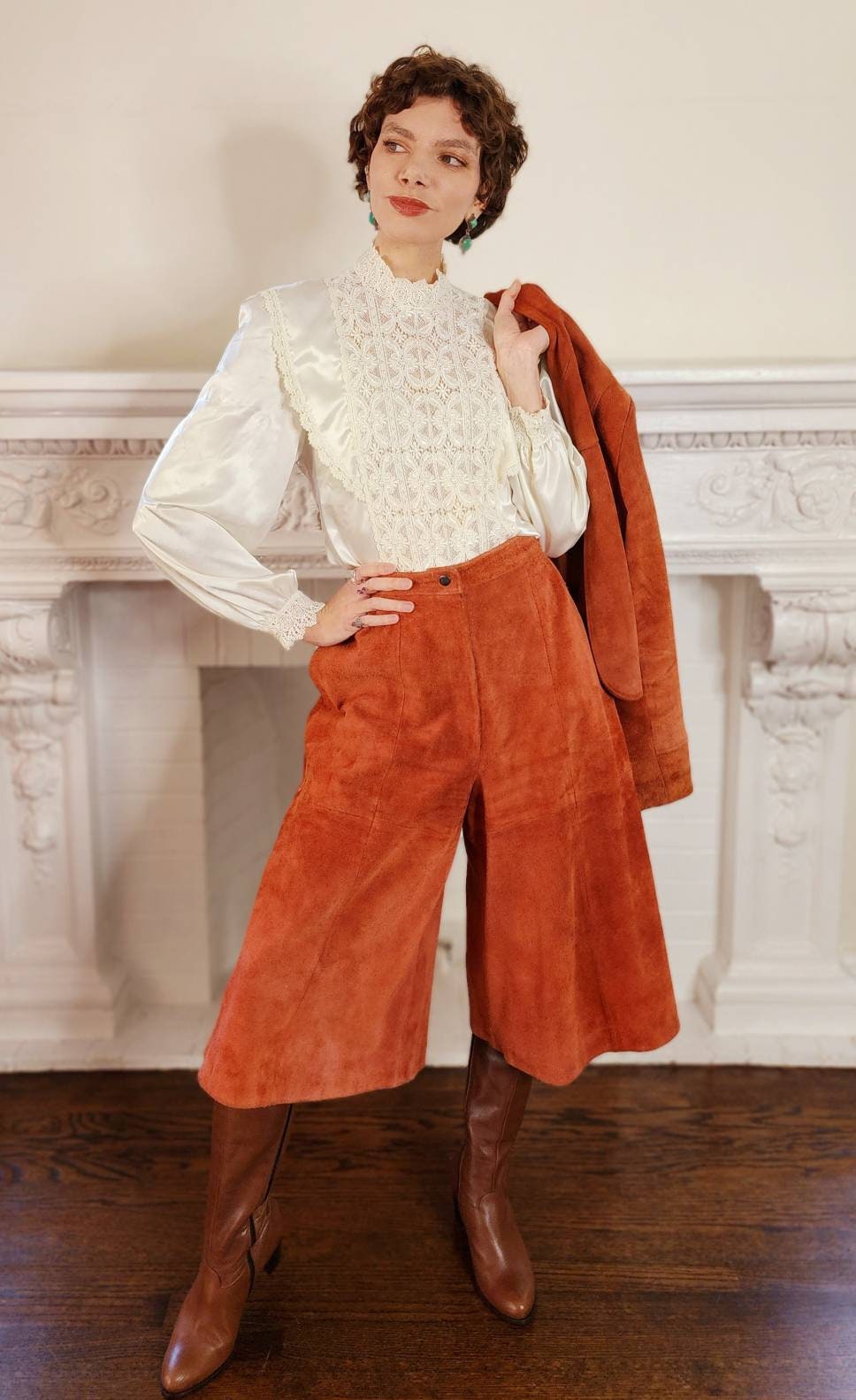 1970s Suede Culottes and Jacket Set Rust Orange Brown Deerskin Trading Post Boho Pants Suit Medium / Delma