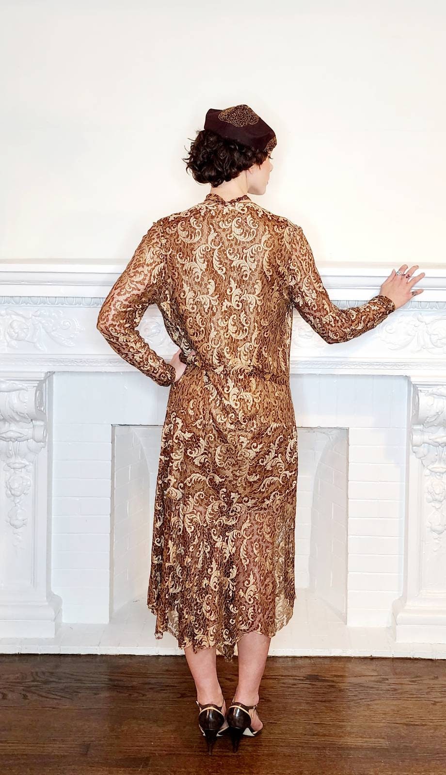 1920s Brown Lace Dress Long Sleeves / 20s Brown Beige Drop Waist Dress Gold Rhinestone Buckle Belt / Med / Rosamund / AS IS