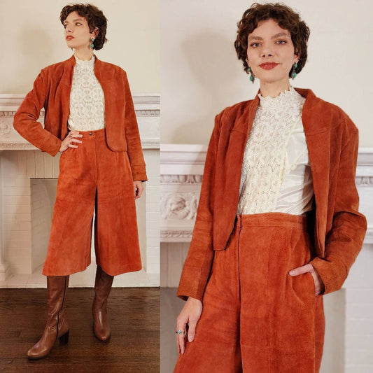 1970s Suede Culottes and Jacket Set Rust Orange Brown Deerskin Trading Post Boho Pants Suit Medium / Delma