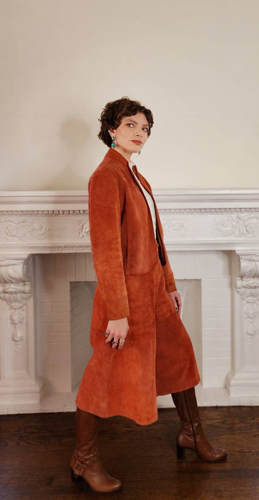 1970s Suede Culottes and Jacket Set Rust Orange Brown Deerskin Trading Post Boho Pants Suit Medium / Delma