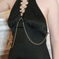 70s Black Maxi Dress Halter Style w-Open Back and Gold Chains by Funky - S