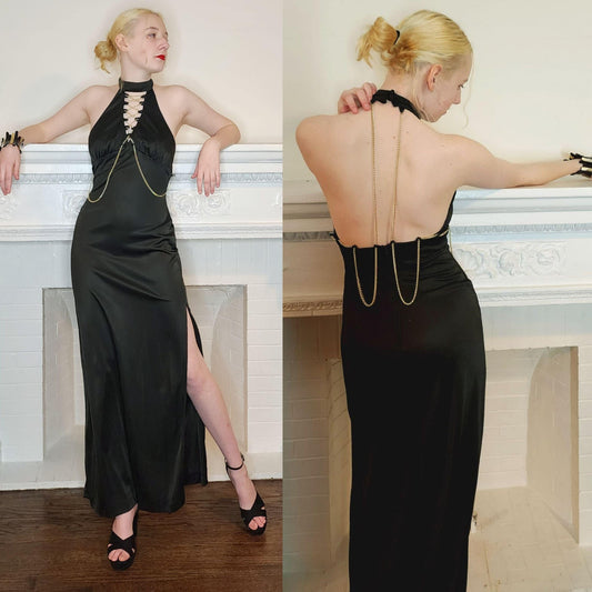 70s Black Maxi Dress Halter Style w-Open Back and Gold Chains by Funky - S